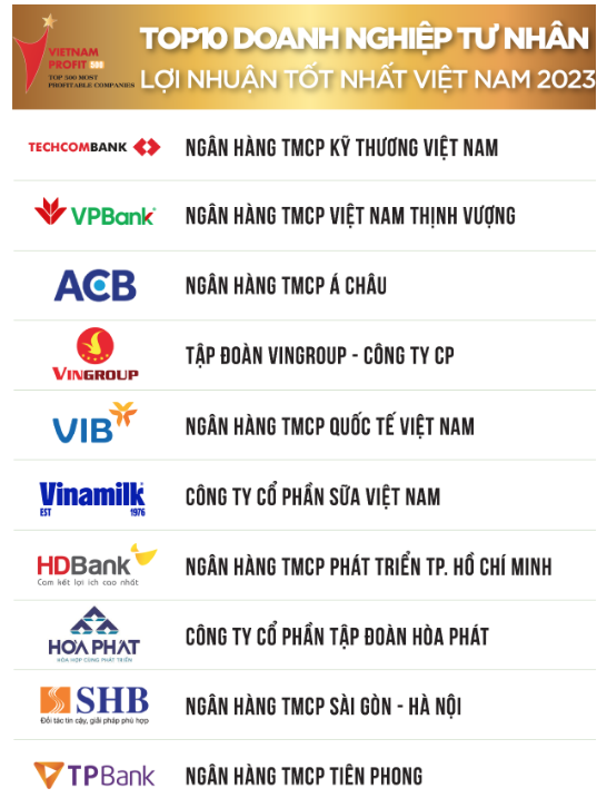 TOP 10 doanh nghiệp tư nhân lợi nhuận tốt nhất: Techcombank soán ngôi đầu, ấn tượng HDBank và TPBank